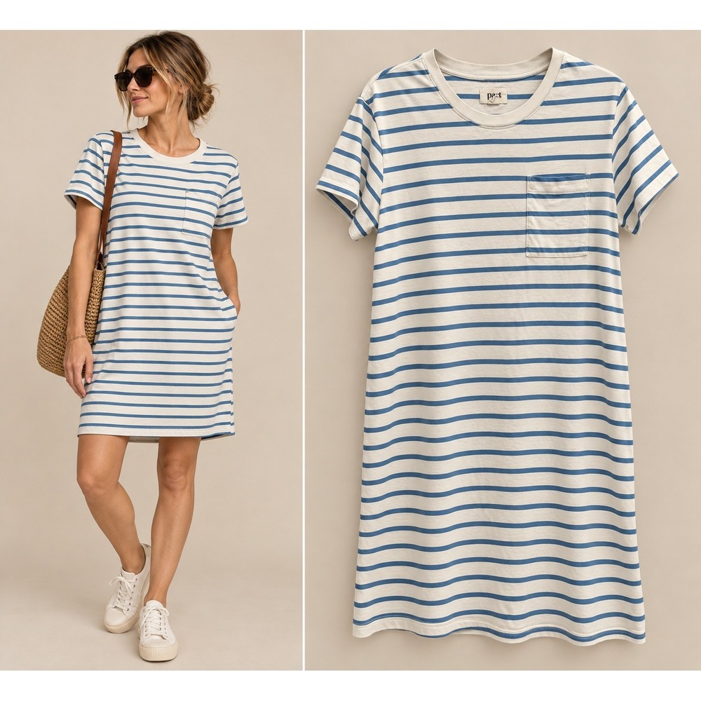 Pact Women T-Shirt Dress L White Blue Striped Organic Cotton Pocket Tee Dress
